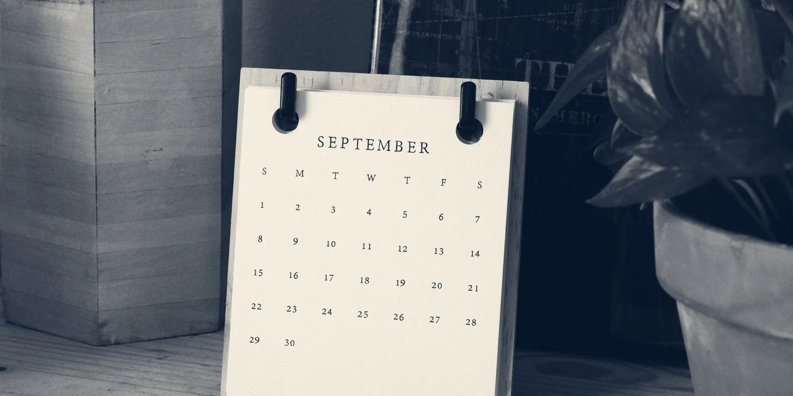 A desk calendar open to September, beside a potted plant